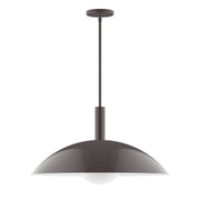 Stem-hung pendant light with architectural bronze canopy, stem, and bell shade