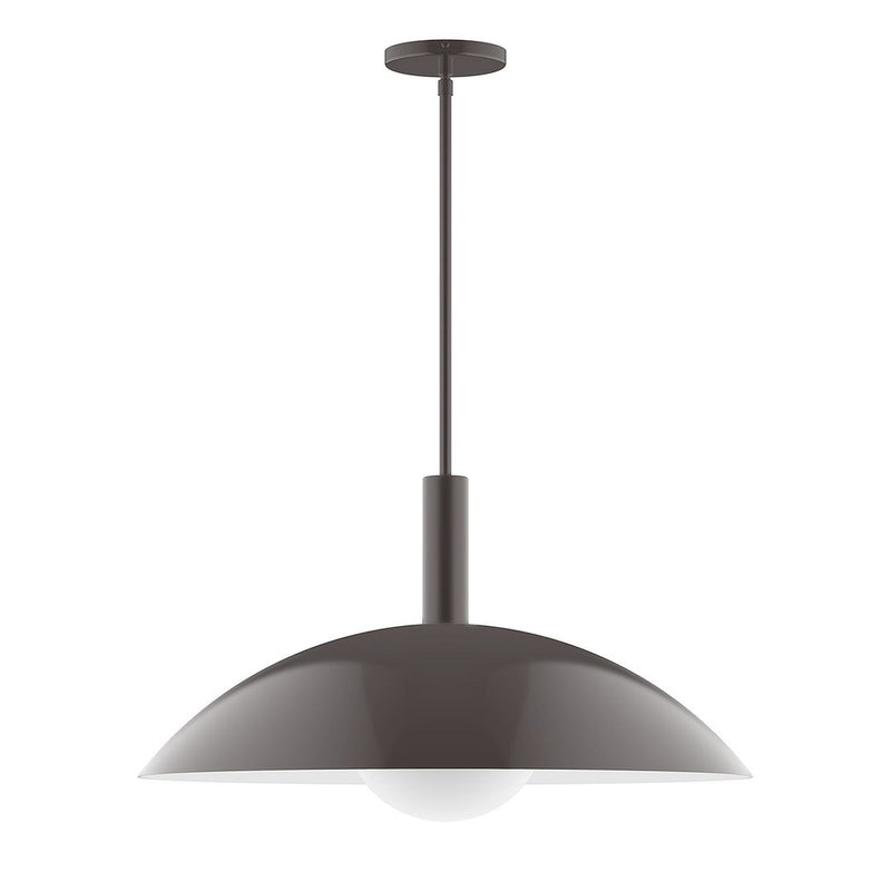 Stem-hung pendant light with architectural bronze canopy, stem, and bell shade