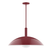 Barn red stem-hung pendant light with curved metal canopy and partial glass globe
