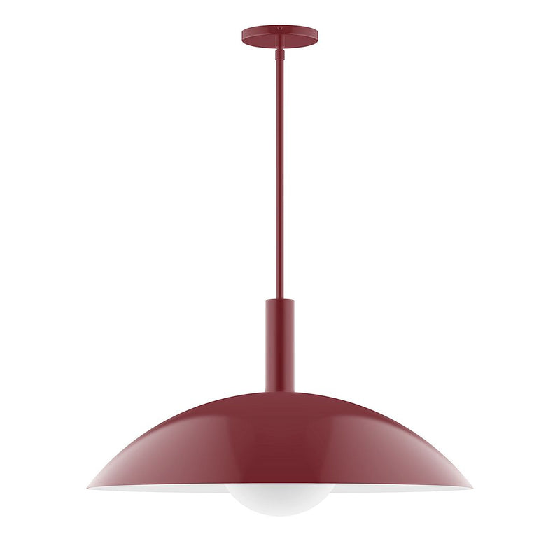 Barn red stem-hung pendant light with curved metal canopy and partial glass globe