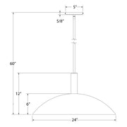 Cream stem-hung pendant light, arched dome shade, 24 in width dimension diagram.