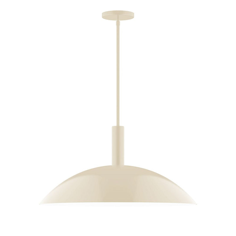 Cream LED stem-hung pendant with wide dome shade and slim vertical rod.