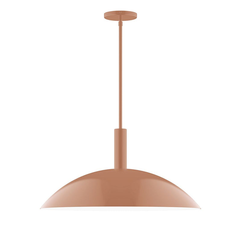 Terracotta stem-hung pendant light with domed shade and round ceiling canopy