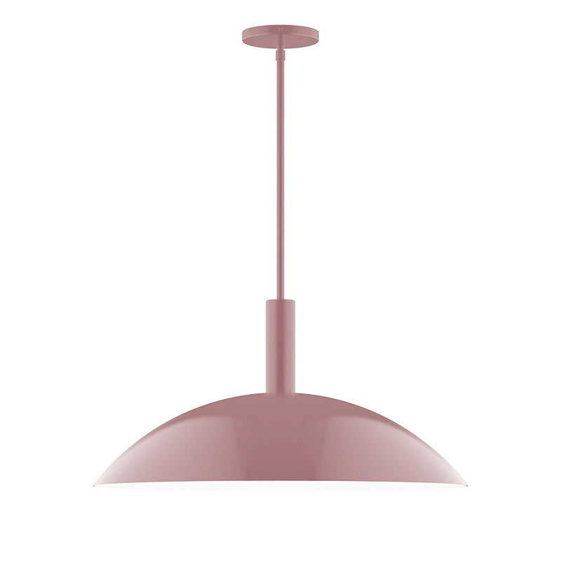 Mauve stem-hung pendant with wide dome shade and round ceiling canopy