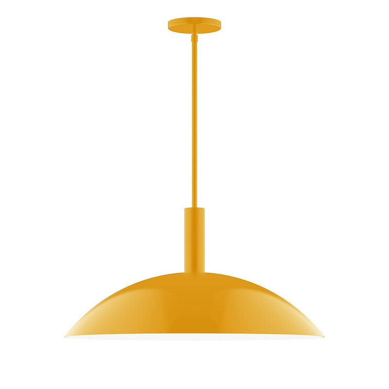 Bright yellow stem-hung pendant light with wide dome shade and hanging rod