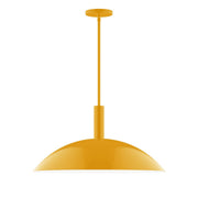 Bright yellow LED stem pendant with wide dome shade and ceiling canopy.