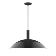 Black LED pendant light with dome shade and straight stem, round ceiling canopy.
