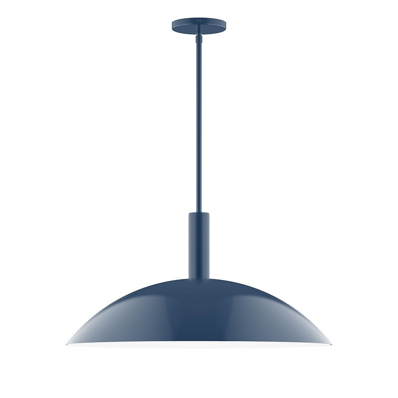 Navy stem-hung pendant with dome shade and ceiling canopy