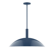 Navy LED pendant light with wide dome shade and hanging stem, round ceiling canopy