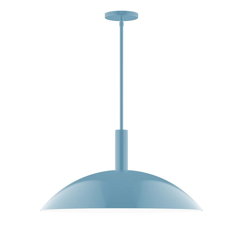 Light blue stem-hung pendant light with bell-shaped shade and round ceiling canopy