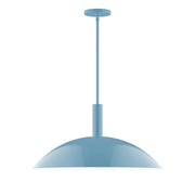 Light blue LED pendant with dome shade and long stem, round ceiling canopy
