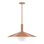 Terracotta stem-hung pendant with conical shade and frosted glass globe