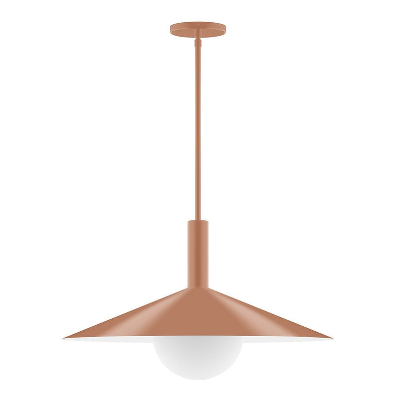 Terracotta stem-hung pendant with conical shade and frosted glass globe