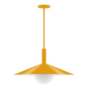 Bright yellow stem-hung pendant with wide shade and white glass globe