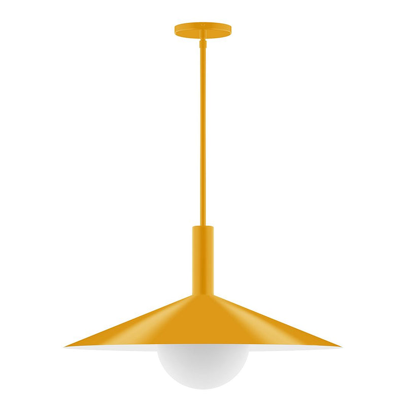 Bright yellow stem-hung pendant with wide shade and white glass globe