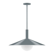 Slate gray stem-hung pendant with glass globe and metal shade, 24 in