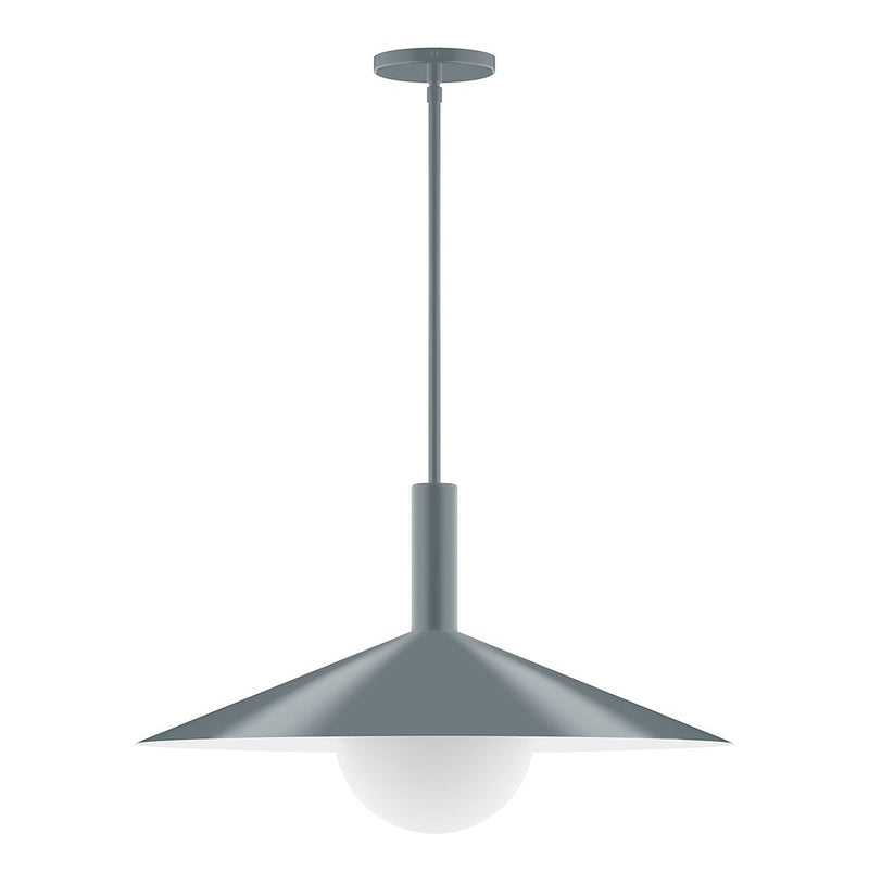 Slate gray stem-hung pendant with glass globe and metal shade, 24 in