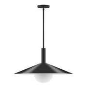 Black stem-hung pendant light with flared shade and white glass globe
