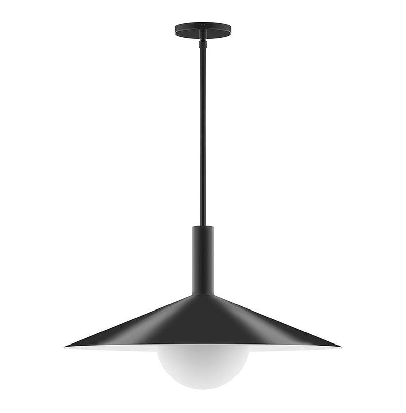 Black stem-hung pendant light with flared shade and white glass globe