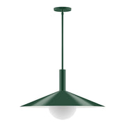 Forest green stem-hung pendant light with wide shade and glass globe