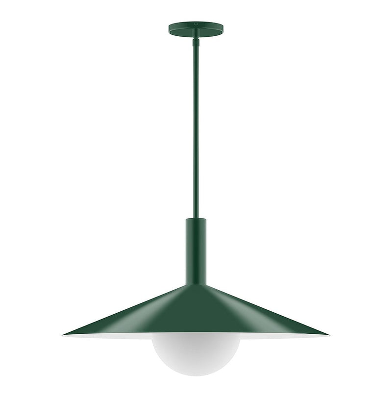 Forest green stem-hung pendant light with wide shade and glass globe