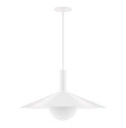 White stem-hung pendant light with glass globe and flared metal shade