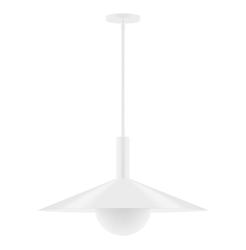 White stem-hung pendant light with glass globe and flared metal shade