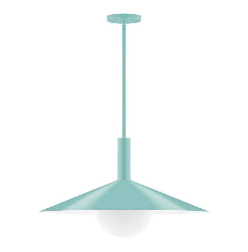 Sea green stem hung pendant with frosted glass globe and shallow bell shade