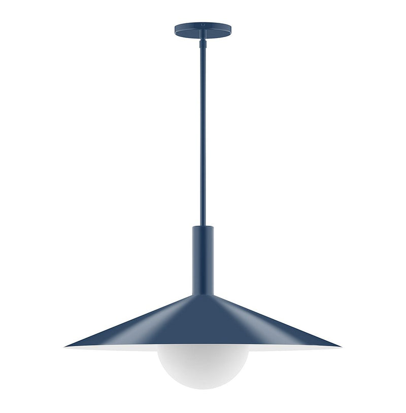 Navy stem pendant light with glass globe and flared shade