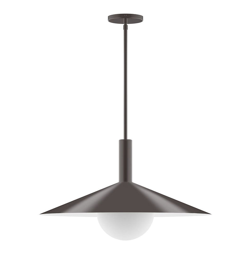 Architectural bronze stem pendant with frosted glass globe and flared metal shade