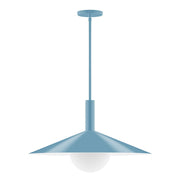 Light blue stem-hung pendant with frosted glass globe and metal shade