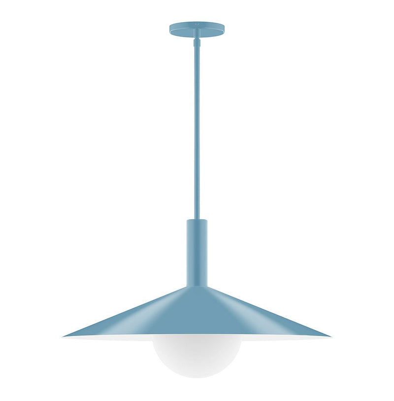 Light blue stem-hung pendant with frosted glass globe and metal shade