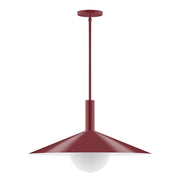 Barn red pendant light with red stem and frosted glass globe, 24 in drop