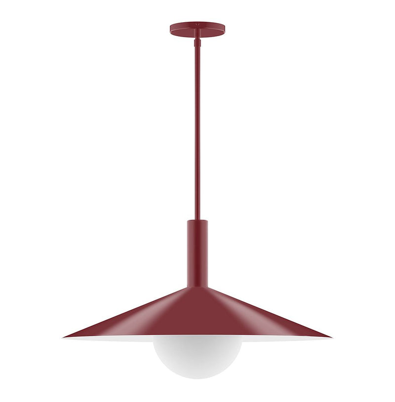 Barn red pendant light with red stem and frosted glass globe, 24 in drop