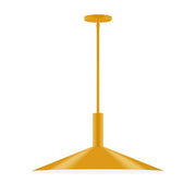 Bright yellow stem-hung pendant light with round canopy and flared 24 in shade