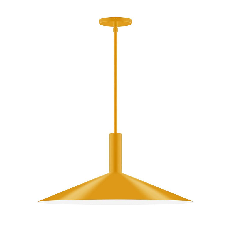 Bright yellow stem-hung pendant light with round canopy and flared 24 in shade