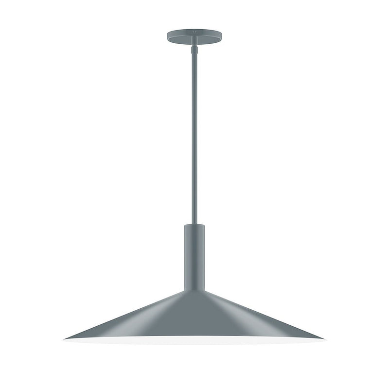Slate gray stem-hung pendant light with wide conical shade