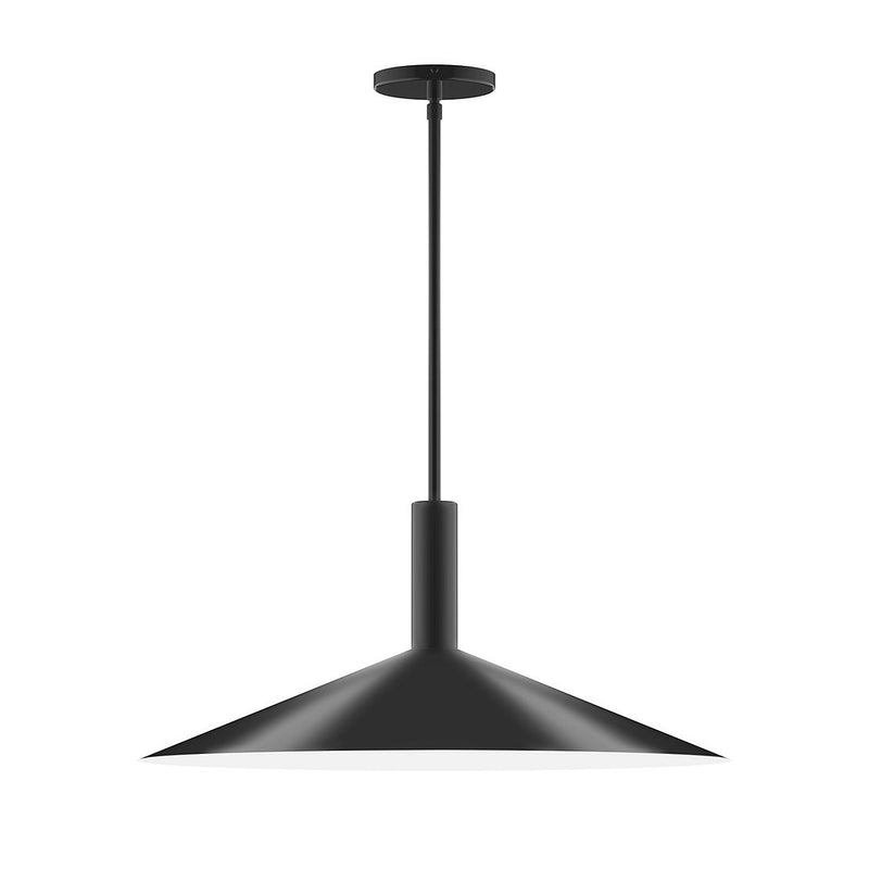 Black stem-hung pendant ceiling light with flared dome shade