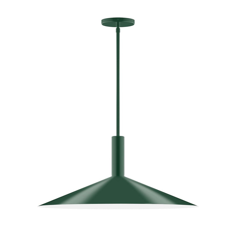 Forest green stem-hung pendant with flared cone shade and ceiling canopy