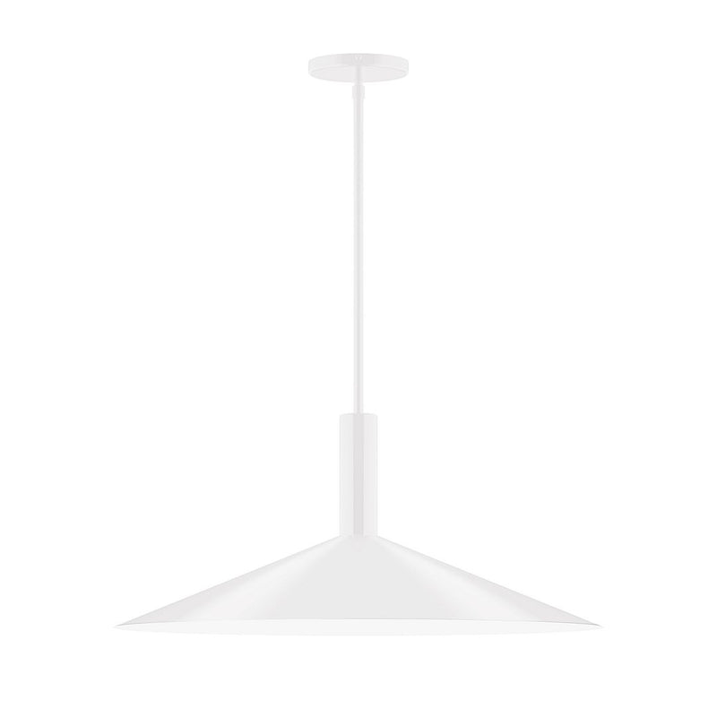 White stem-hung pendant light with wide cone shade and ceiling canopy