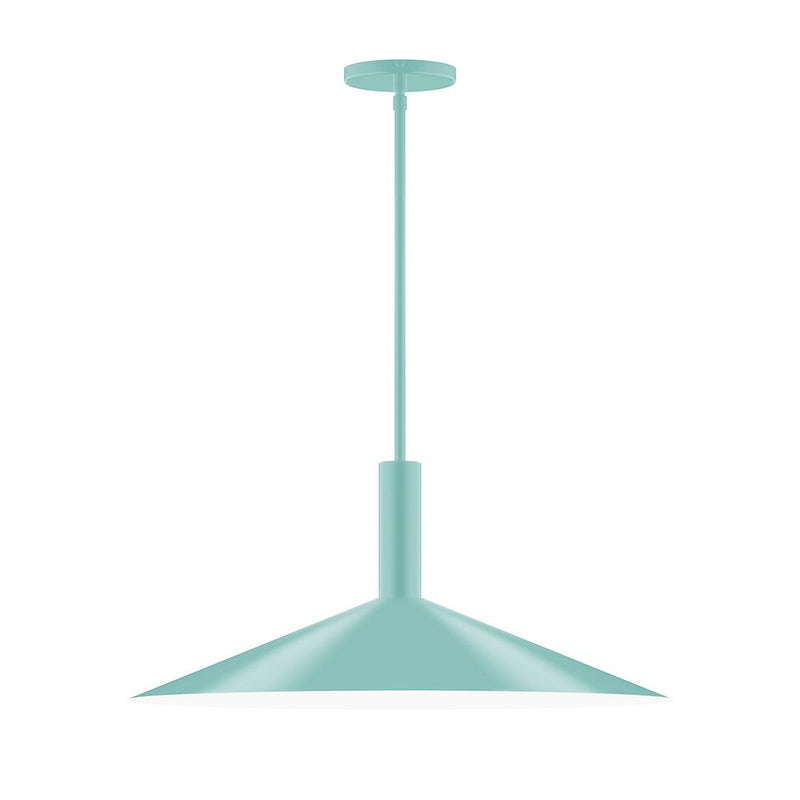 Sea green LED stem-hung pendant with bell-shaped shade and round ceiling canopy