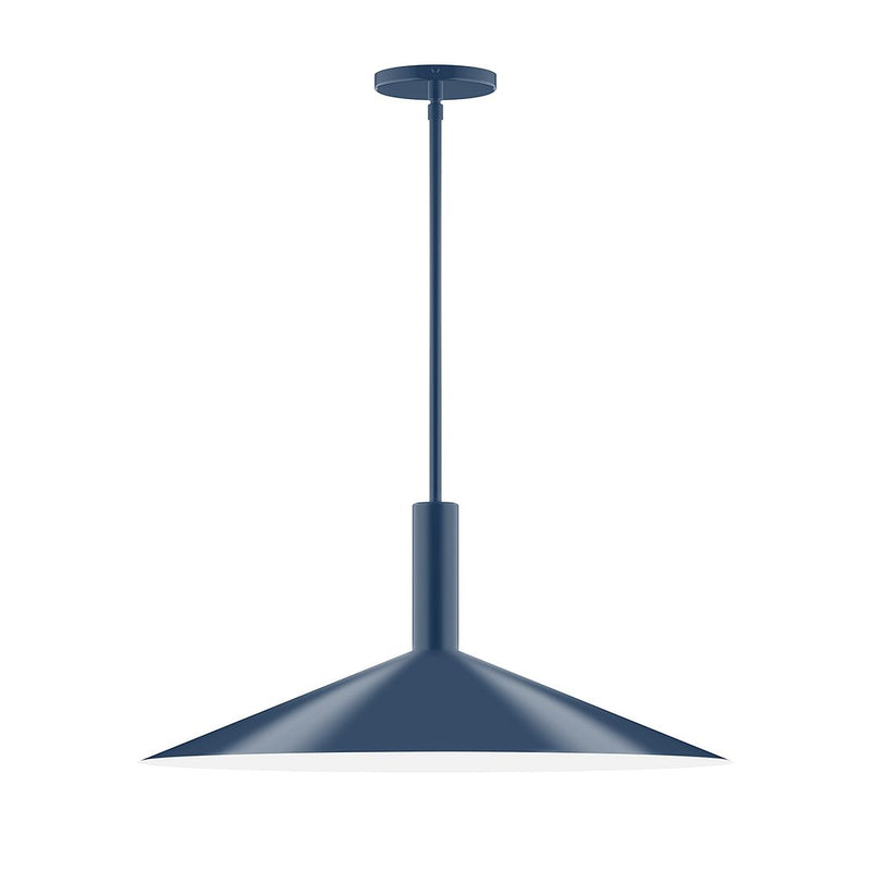 Navy stem-hung pendant light with round canopy and flared bell shade