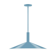 Light blue LED stem-hung pendant with wide bell shade and straight downrod