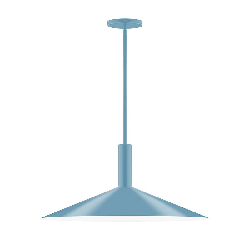 Light blue LED stem-hung pendant with wide bell shade and straight downrod