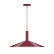 Barn red stem-hung pendant light with wide bell shade and round canopy