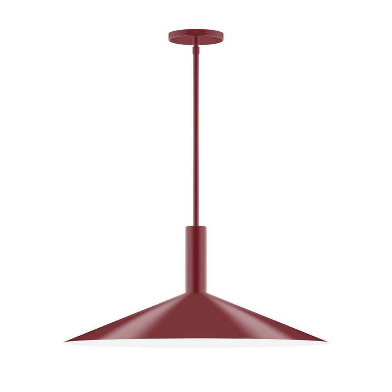Barn red LED stem-hung pendant with tapered bell shade and vertical cord