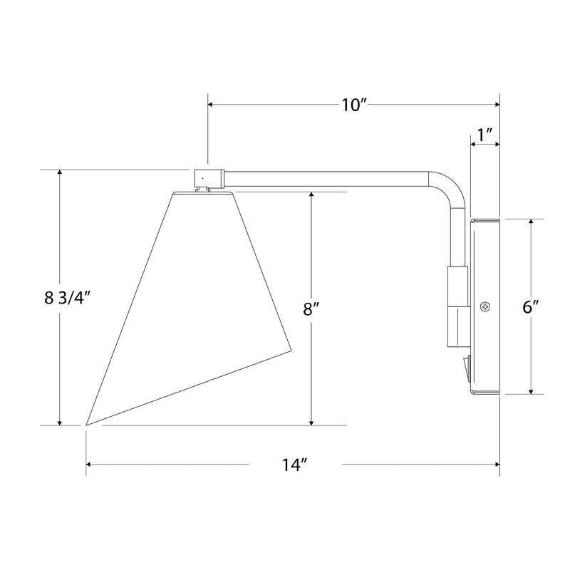 Navy LED wall swing arm light diagram with conical shade and side control box