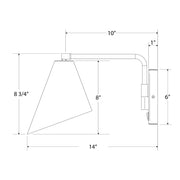 Wall swing-arm light diagram with black conical shade and curved brass arm