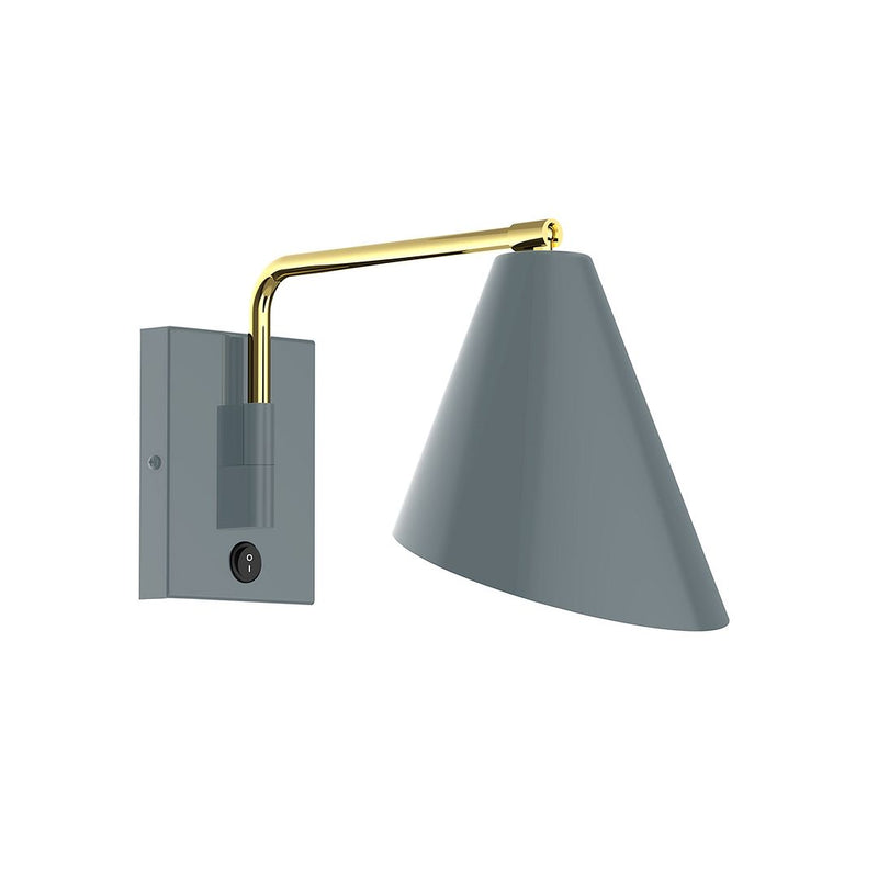 LED wall swing arm light, slate gray backplate and gray cone shade with brass arm