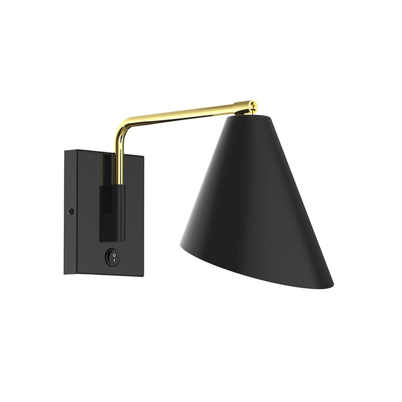 Black wall swing-arm light with brushed brass curved arm and conical shade